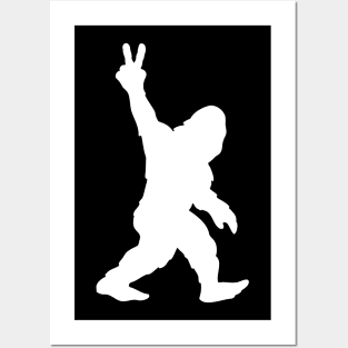 Bigfoot Sasquatch Peace Sign Silhouette Cartoon Posters and Art